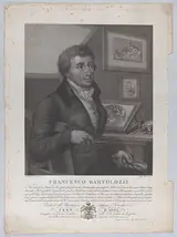 Luigi Rados, Portrait of Francesco Bartolozzi, seated, holding a magnifying glass with printmaking tools and a plate on the desk behind him