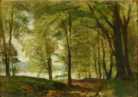 Christian Zacho, Springtime view of beech trees near a lake.