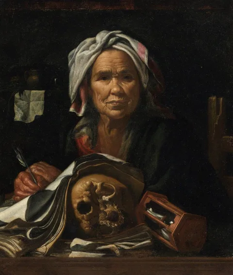 Pietro Bellotti, An Old Philosopher at Her Desk, with a Vanitas Skull and an Hourglass