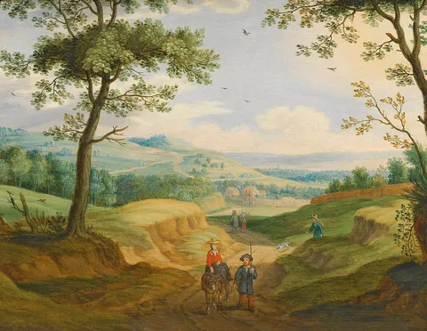 Izaak van Oosten, An Extensive Landscape with Travellers on a Road