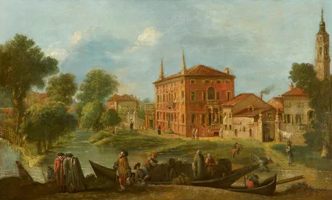 Antonio Diziani, The Villa Taglia on the Brenta with Figures in a Barge