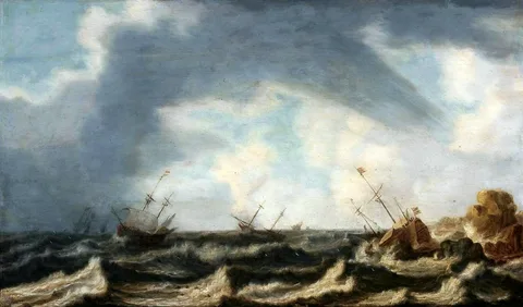 Willem van Diest, A rough sea with a shipwreck.