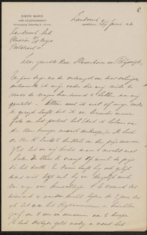 Simon Maris, Brief aan Pieter Haverkorn van Rijsewijk