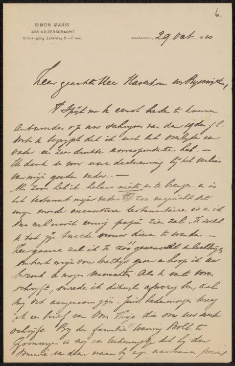 Simon Maris, Brief aan Pieter Haverkorn van Rijsewijk