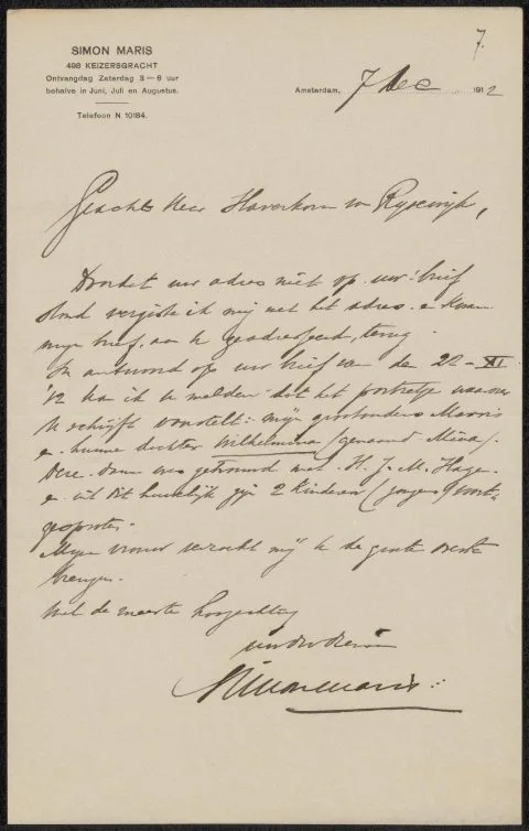 Simon Maris, Brief aan Pieter Haverkorn van Rijsewijk