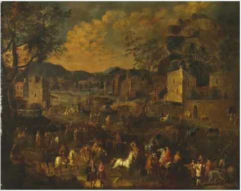 Alexander van Bredael, A horse fair in a village, a lake and mountains beyond