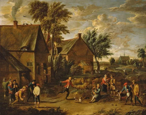 Alexander van Bredael, A Game of Bowls by a Tavern