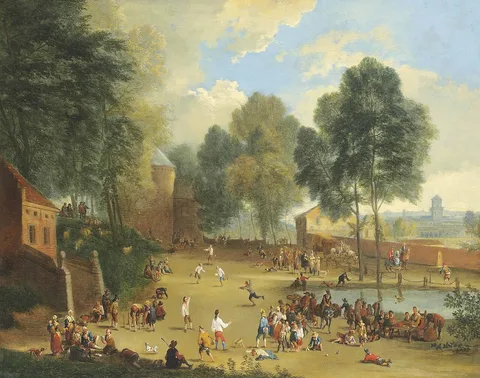Alexander van Bredael, A village landscape with figures playing ball games