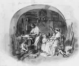 Constant Mayer, Interior Setting: Carpenter at Work with Family (from Cropsey Album)