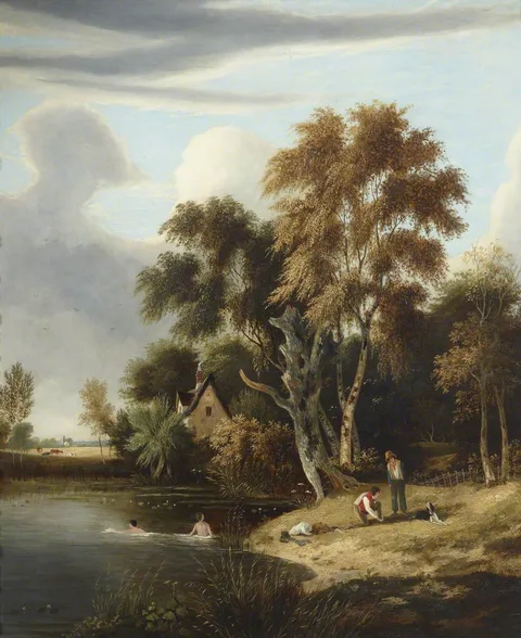 Samuel David Colkett, A Cottage by a Pond, with Figures swimming and on the Bank
