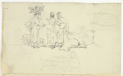 William Henry Pyne, Figures with Market Goods and Three Sketches