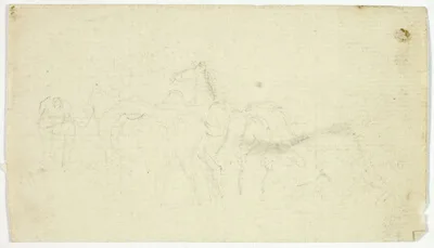 William Henry Pyne, Horses with Groom (recto); Sketches of Peasant with Basket (verso)