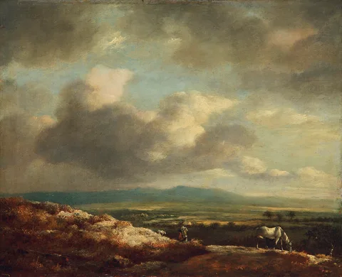 Jan Wouwerman, Broad hilly landscape panorama with horses in the foreground