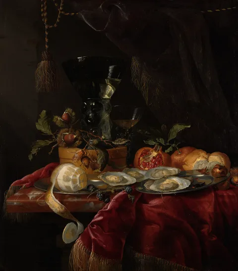 Jacob van Walscapelle, Still life with fruit, oysters and a wineglass