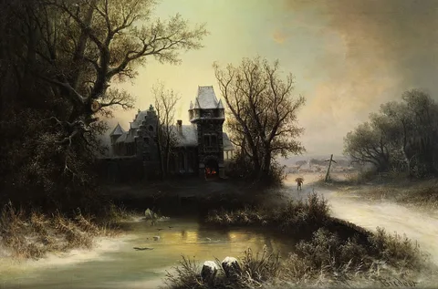 Albert Bredow, Romantic Winter Landscape with Gothic Castle