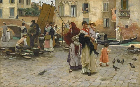 Giuseppe Barison, In Venice. Bustling activity at a fish market