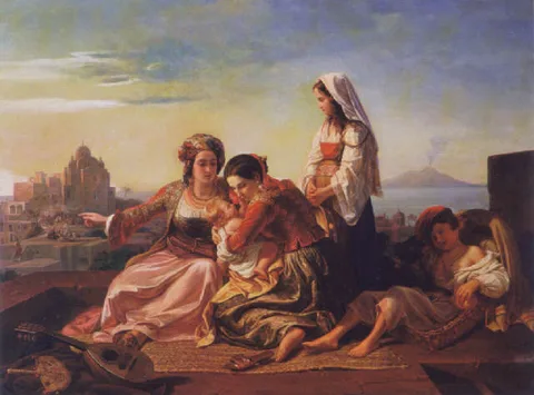 Hermann Kretzschmer, Amusing the baby, the bay of Naples in the distance.