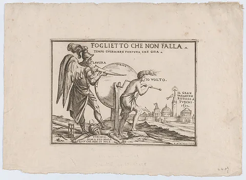 Giuseppe Maria Mitelli, An allegory relating to the fortunes of the Turks, a winged figure probably representing Time stands on a fallen Turk while sharpening a blade on a wheel inscribed with the continents that is being turned by a semi-dressed figure, at right the city of Vardino (northwest Romania near the Hungarian border) that was held by the Turks from 1660 to 1692.