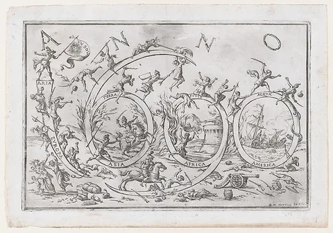 Giuseppe Maria Mitelli, 'Anno 1690' (the Year 1690), with numerous warring figures clambering on and hanging from the numbers, allusions to the Allegories of the Four Elements and the Four Continents
