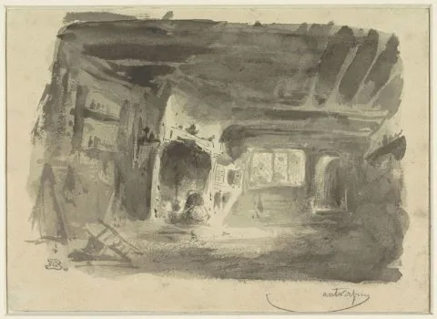 Eugène De Block, Interieur met geknielde vrouw voor haard