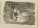 Eugène De Block, Interieur met geknielde vrouw voor haard