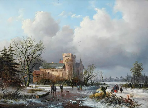 Alexander Joseph Daiwaille, A winter landscape with figures on the ice near a castle