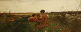 Francesco Gioli, Spring, three girls and sheep on a flowery meadow