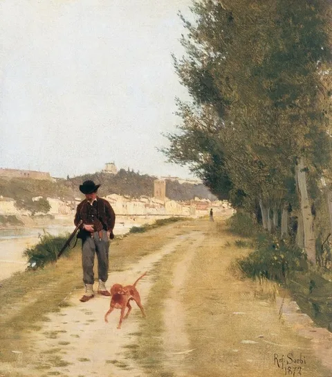 Raffaello Sorbi, Hunter walking on Arno's banks in Florence