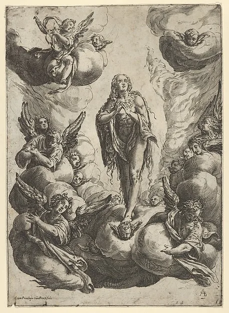 Cherubino Alberti, Mary Magdalen standing on clouds, being transported to heaven by angels
