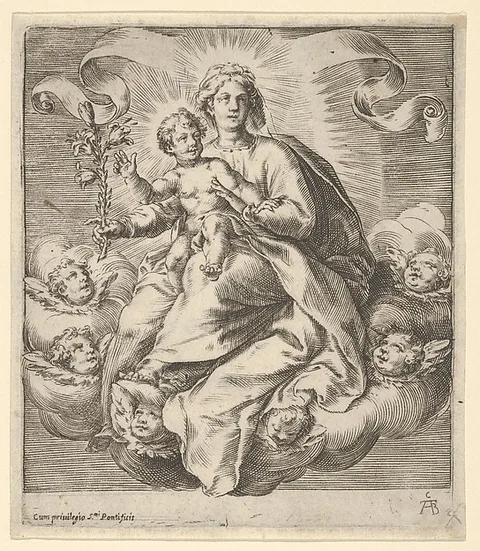 Cherubino Alberti, Madonna holding a lily branch with the Christ Child on her lap, seated on clouds, surrounded by cherub heads