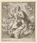 Cherubino Alberti, Madonna holding a lily branch with the Christ Child on her lap, seated on clouds, surrounded by cherub heads