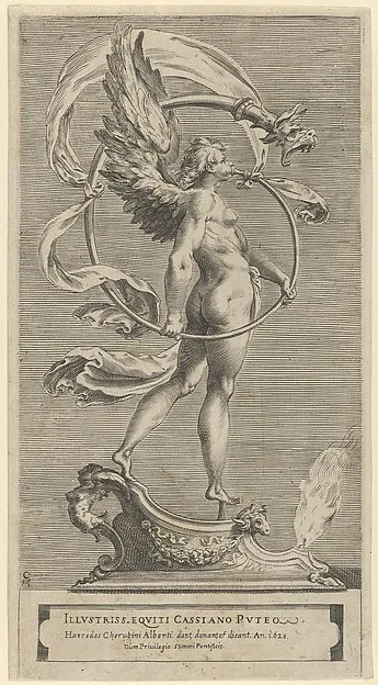 Cherubino Alberti, A winged figure of Fame standing facing left and sounding a trumpet