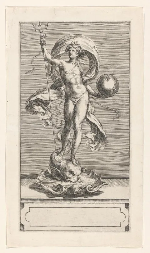 Cherubino Alberti, Neptunus met drietand en globe staand op een dolfijn