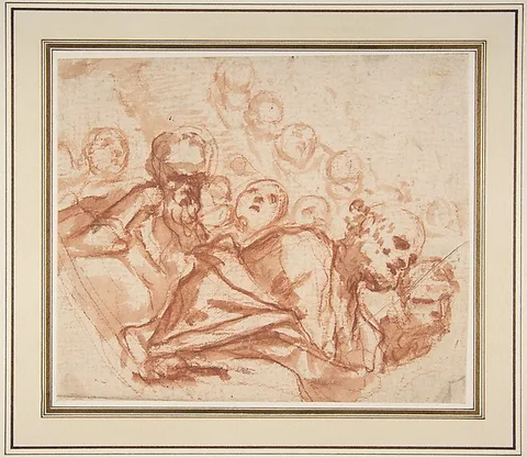 Mattia Preti, A Group of Saints and Angels (recto); Studies of a Male Figure in a Pendentive (verso)