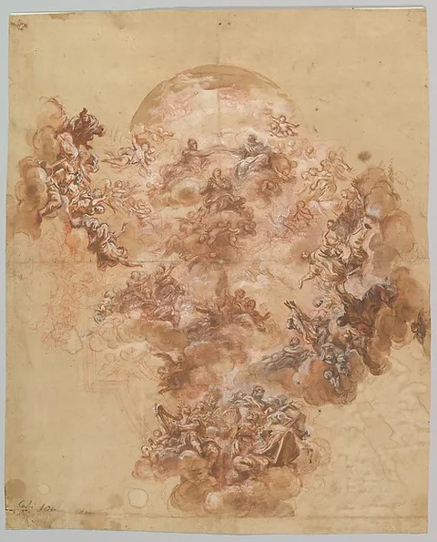 Giacinto Brandi, Study for a Ceiling Decoration: Coronation of the Virgin (recto); Female Head (verso)