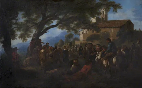 Pandolfo Reschi, Villagers gathered under a Tree in front of a Small Monastery