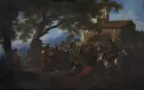 Pandolfo Reschi, Villagers gathered under a Tree in front of a Small Monastery