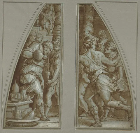Giorgio Vasari, Bearded Man Filling a Glass and "Youth Running"