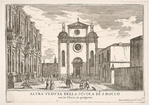 Luca Carlevarijs, Plate 38: View of the facade of the church of St. Roch and at left the facade of the School of St. Roch, Venice, 1703, from "The buildings and views of Venice" (Le fabriche e vedute di Venezia)