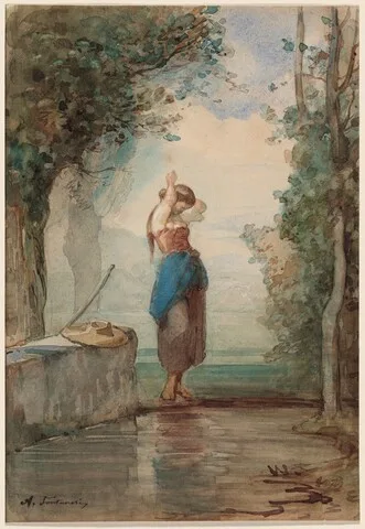 Antonio Fontanesi, Young Girl Standing by a Stream