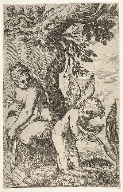 Odoardo Fialetti, Cupid carves a wooden bow with a file, with his back turned toward Venus, from "Sport of Love" (Scherzi d'amore)