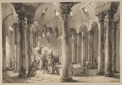 Jean-Pierre Houël, Visitors with Torches Inside a Circular Building