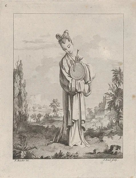 Jean-Pierre Houël, Chinoiserie with a woman playing a gong, from Suite de Figures Chinoises. . .Tiré du Cabinet de Mr. d'Azaincourt (Series of Chinoiserie Figures. . .From the Chambers of Mr. d'Azaincourt), plate 6