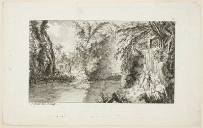 Jean-Pierre Houël, Landscape with a Walker and a Cascade, plate 5 from the second suite Livre de paysages (Book of Landscapes)