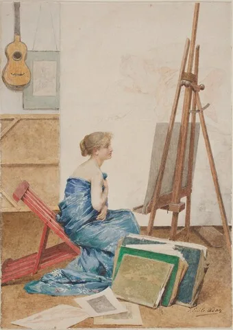 Louis Adan, A Painter's Studio with a Model Wrapped in Japanese Silk