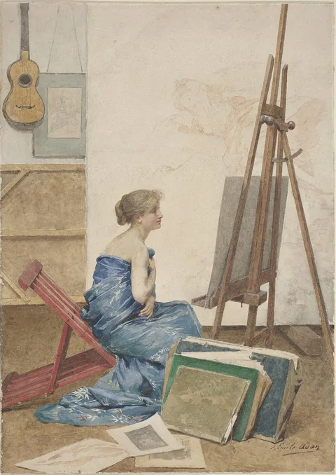 Louis Adan, A Painter's Studio with a Model Wrapped in Japanese Silk