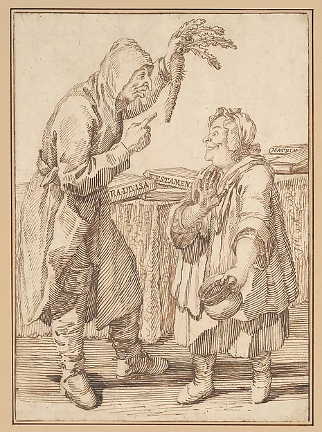 Pier Leone Ghezzi, A Monk with a Carrot and a Woman with a Chamber Pot