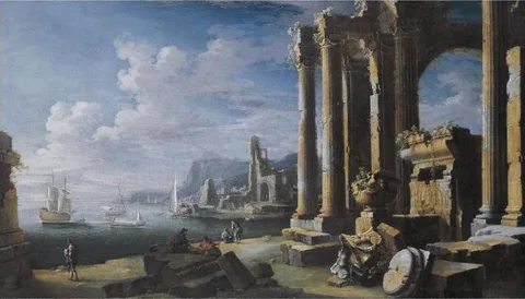 Leonardo Coccorante, A capriccio of architectural ruins with a seascape beyond