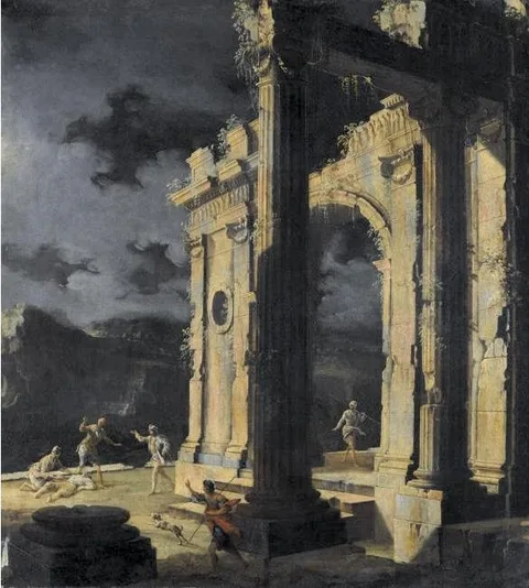 Leonardo Coccorante, An architectural capriccio with figures amongst ruins under a stormy night sky