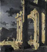 Leonardo Coccorante, An architectural capriccio with figures amongst ruins under a stormy night sky
